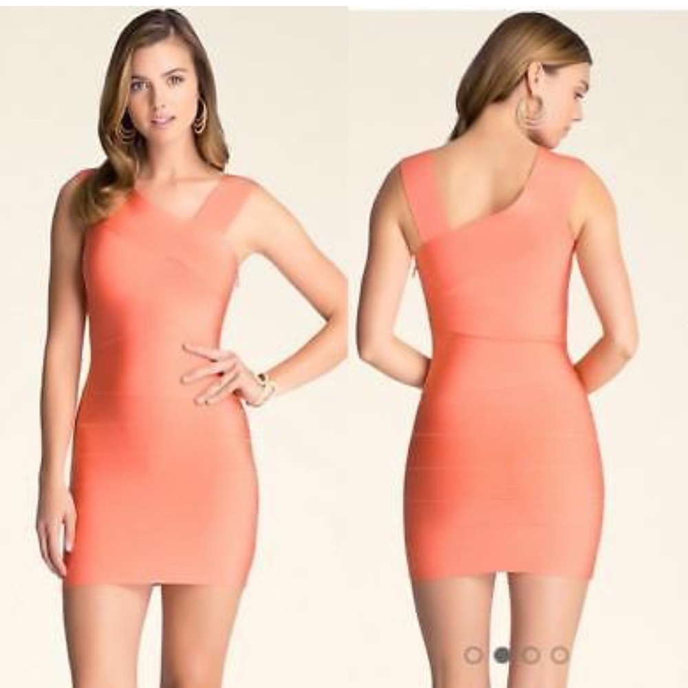 BEBE CORAL ASYMMETRICAL STRAPS BANDAGE DRESS XS